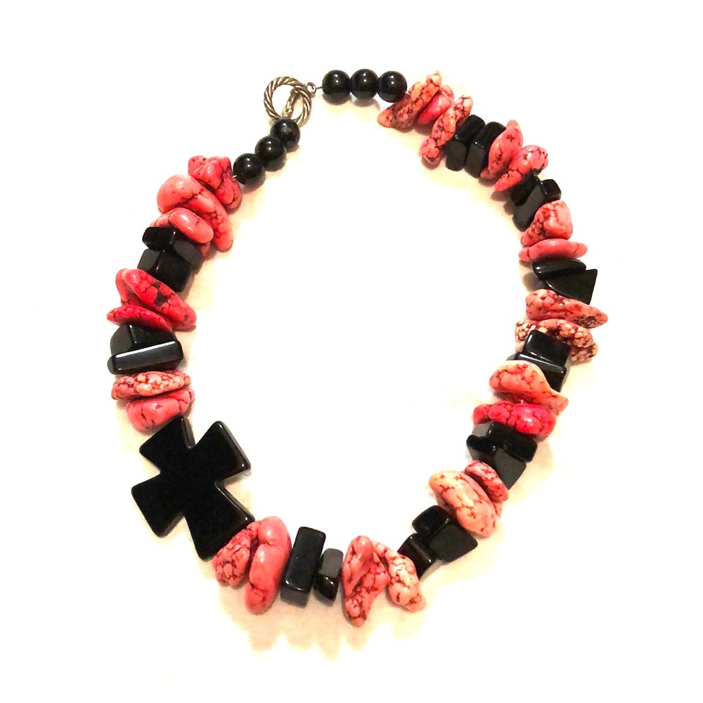 Pink stone necklace with large cross